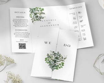 Green Eucalyptus Gatefold Wedding Invitation Template, Elegant Trifold Sage Foliage Gatefold, Digital Canva Printable, Greenery Rustic DIY