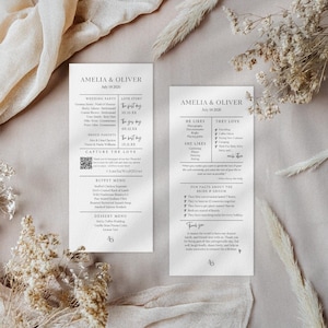 May include: Two elegant wedding menu cards with the names Amelia & Oliver and the date July 18, 2025. The cards feature a minimalist design with black text on a white background, listing wedding details and a QR code.