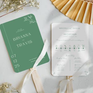 May include: A green and white wedding program fan with a timeline of events, a list of the bridal party, and the text "Brianna and Travis, Dec 07, 2025".