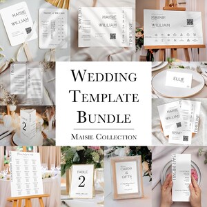 May include: A wedding template bundle with a black and white color scheme. The bundle includes a variety of templates, such as a timeline, seating chart, menu, RSVP card, and table numbers. The templates feature the names "Maisie" and "William".
