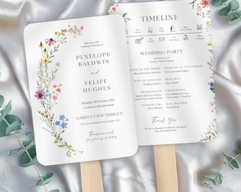Wedding Program Fans Wildflower Design, Floral Ceremony Program Template, Edit in Canva Modern Wedding Programme Aesthetic Timeline Cute DIY