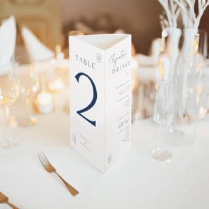 May include: A triangular table number card with the number 2 in navy blue. The card also features the words "Table" and "Signature Drinks" in navy blue, along with a list of drinks. The card is on a white table with a gold fork.