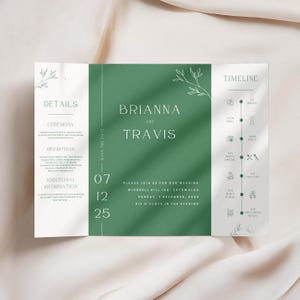 May include: A green and white wedding invitation with a timeline of events. The invitation features the names Brianna and Travis, the date Sunday, 7 December 2025, and the location Windrell Hill Inn, Cotswolds. The timeline includes events such as ceremony, photos, and dinner.