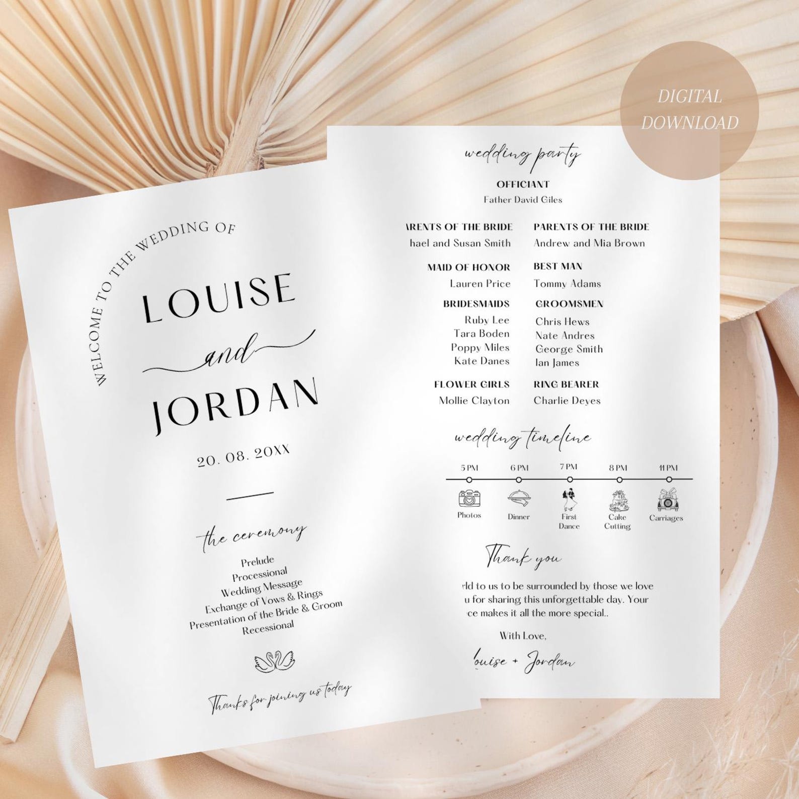 Aesthetic Wedding Program Fans, Modern Ceremony Wedding Timeline Canva ...