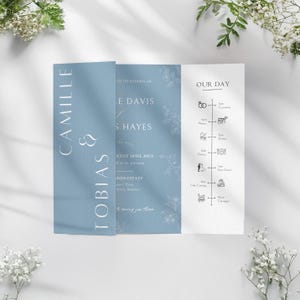 Faire-part de mariage gatefold floral bleu et blanc rustique moderne, faire-part de mariage pliant à trois volets, toile imprimable numérique éditable jardin | CA4