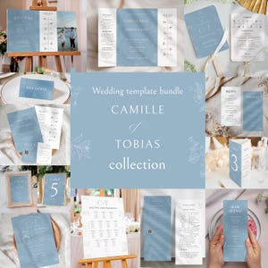 May include: A collection of light blue wedding stationery, including invitations, menus, and table cards. The text "CAMILLE & TOBIAS collection" is displayed. Some cards feature floral designs and the initials "C & T".
