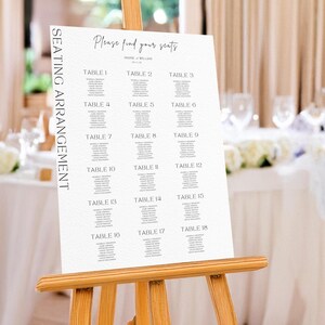 結婚式の座席表サイン、モダンでミニマリストなデザイン、Canvaで完全に編集可能、ゲストの座席配置、複数のサイズ デジタルダウンロード