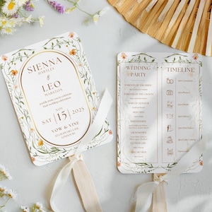 modèle d'éventails de mariage floral élégant, modifiable sur Canva, itinéraire du programme de mariage éventail, programme, fleurs sauvages élégantes et mignonnes | SL47