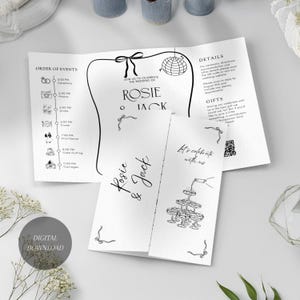 May include: A black and white wedding invitation suite with the names "Rosie & Jack" and event details. The invitation includes illustrations of champagne glasses, a disco ball, and event timeline. The words "Digital Download" are also visible.
