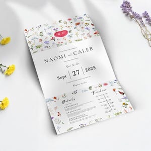 May include: A wedding invitation with a floral design. The invitation is folded in thirds and features the names "Naomi and Caleb" and the date "Sept 27 2025".