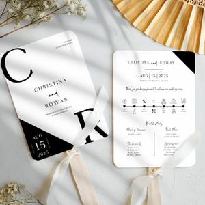 Minimal Classy Black and White Wedding Program Fans, Editable in Canva, Wedding Itinerary Fan, Program Template Aesthetic Wedding Invite