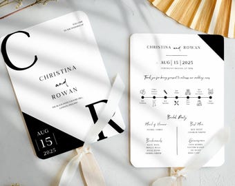 May include: Black and white wedding program fan with the names Christina and Rowan, the date August 15, 2025, and a timeline of wedding events. The fan also includes a list of the bridal party members.