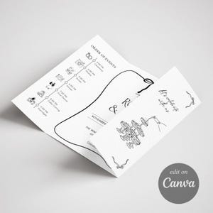 May include: A white wedding invitation with black line art. The invitation is folded and features an order of events, illustrations, and the text "Let's celebrate with us." The Canva logo is visible.