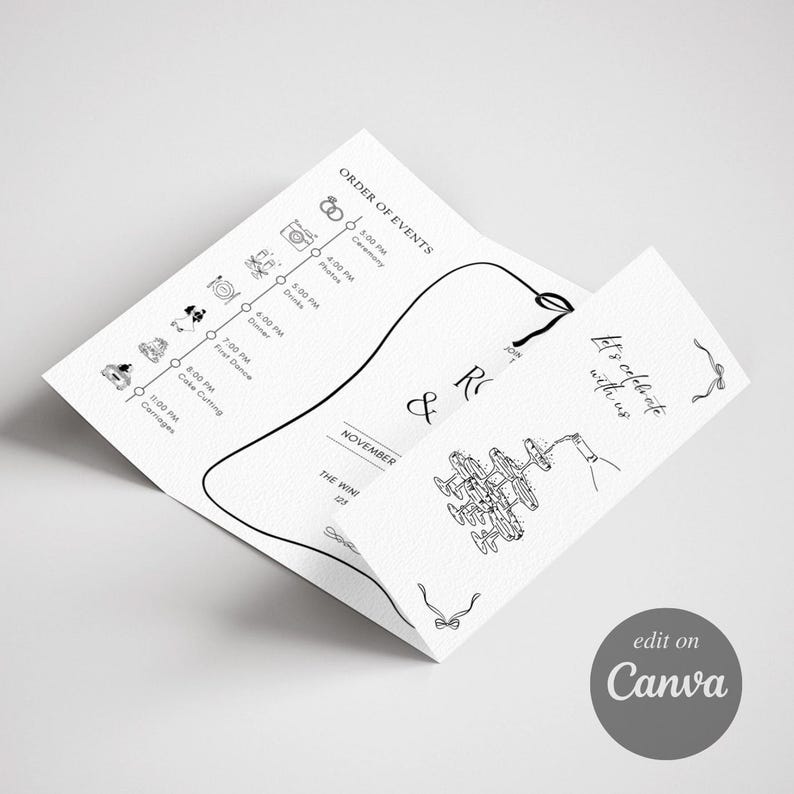 May include: A white wedding invitation with black line art. The invitation is folded and features an order of events, illustrations, and the text "Let's celebrate with us." The Canva logo is visible.