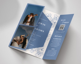 May include: A folded wedding invitation in blue and white, featuring floral patterns and photographs of a couple. The text includes "LEWIS & ADAMS" and "SCAN FOR RSVP".