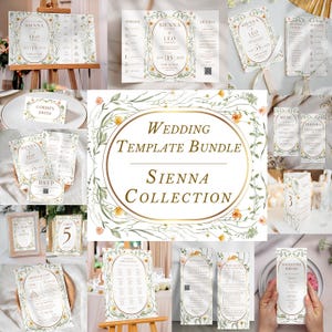 May include: A selection of wedding stationery templates, including invitations, RSVP cards, menus, and table cards. The designs feature floral accents and gold lettering. The text includes "Wedding Template Bundle Sienna Collection".