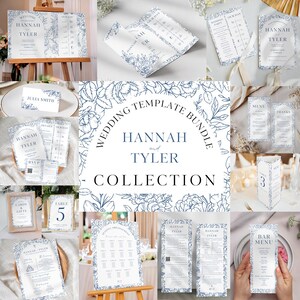 Op de afbeelding: Een verzameling trouwbriefpapiersjablonen met een bloemmotief in marineblauw. De sjablonen omvatten uitnodigingen, menu's, tafelkaarten en bewegwijzering. De tekst bevat "Hannah and Tyler" en "Wedding Template Bundle".