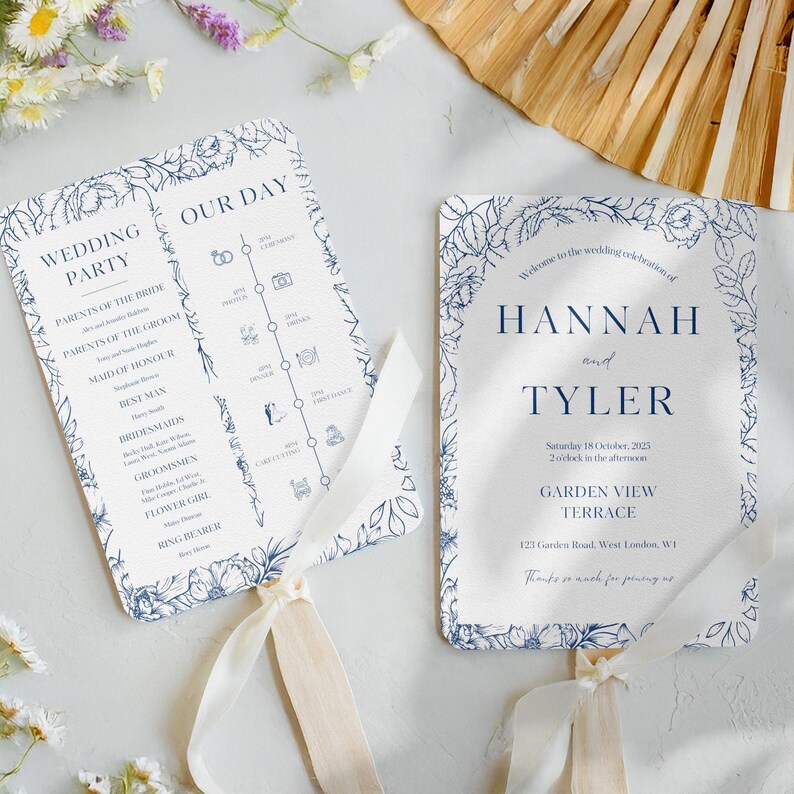 Blue and White Wedding Program Fans, Elegant Floral Ceremony Program ...