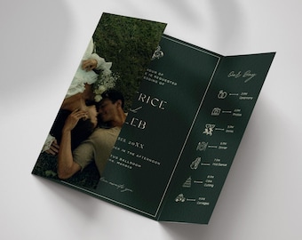 May include: Dark green wedding invitation featuring a photograph of a couple. The invitation includes the names "Rice & Leb", event details, and a schedule. The text is white, with wedding-themed icons.