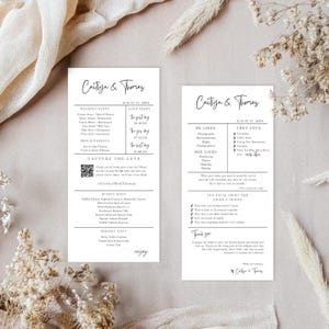 Plantilla minimalista de boda con datos curiosos, programa de boda moderno, Canva editable e imprimible, mensaje de agradecimiento en servilletas, añadir código QR, DIY/WP2