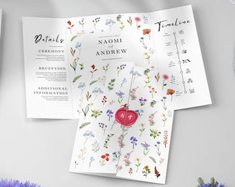 Gatefold Wedding Invite Template, Floral Design, Digital Canva Template, Easy to edit, Wedding Folded Invitation, INSTANT DOWNLOAD