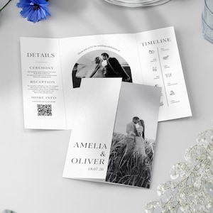 Plantilla de invitación de boda moderna con diseño desplegable, invitación de boda minimalista única, plantilla digital de Canva, invitación plegable DIY con fotos personalizadas.