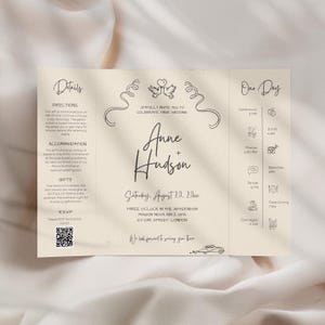 Faire-part de mariage gatefold dessiné à la main, modèle illustré pour toile de faire-part de mariage à trois volets, photo fantaisiste rustique moderne Ajoutez un code QR | AN1