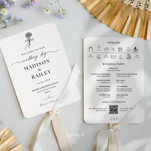 Black White Minimalist Wedding Program Fans, Wedding Timeline Hand Fan, Printable Canva Template, Chic Ceremony Programme With QR Code | MA1
