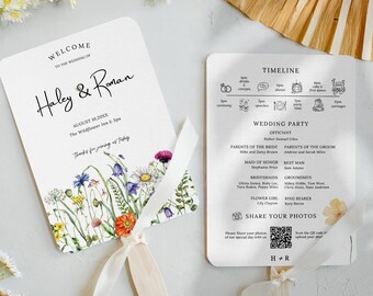 Wildflower Wedding Program Fans, Elegant Floral Summer Wedding Hand Fan, Editable Canva Template, Timeline Programme, Boho Outdoor DIY | HA1