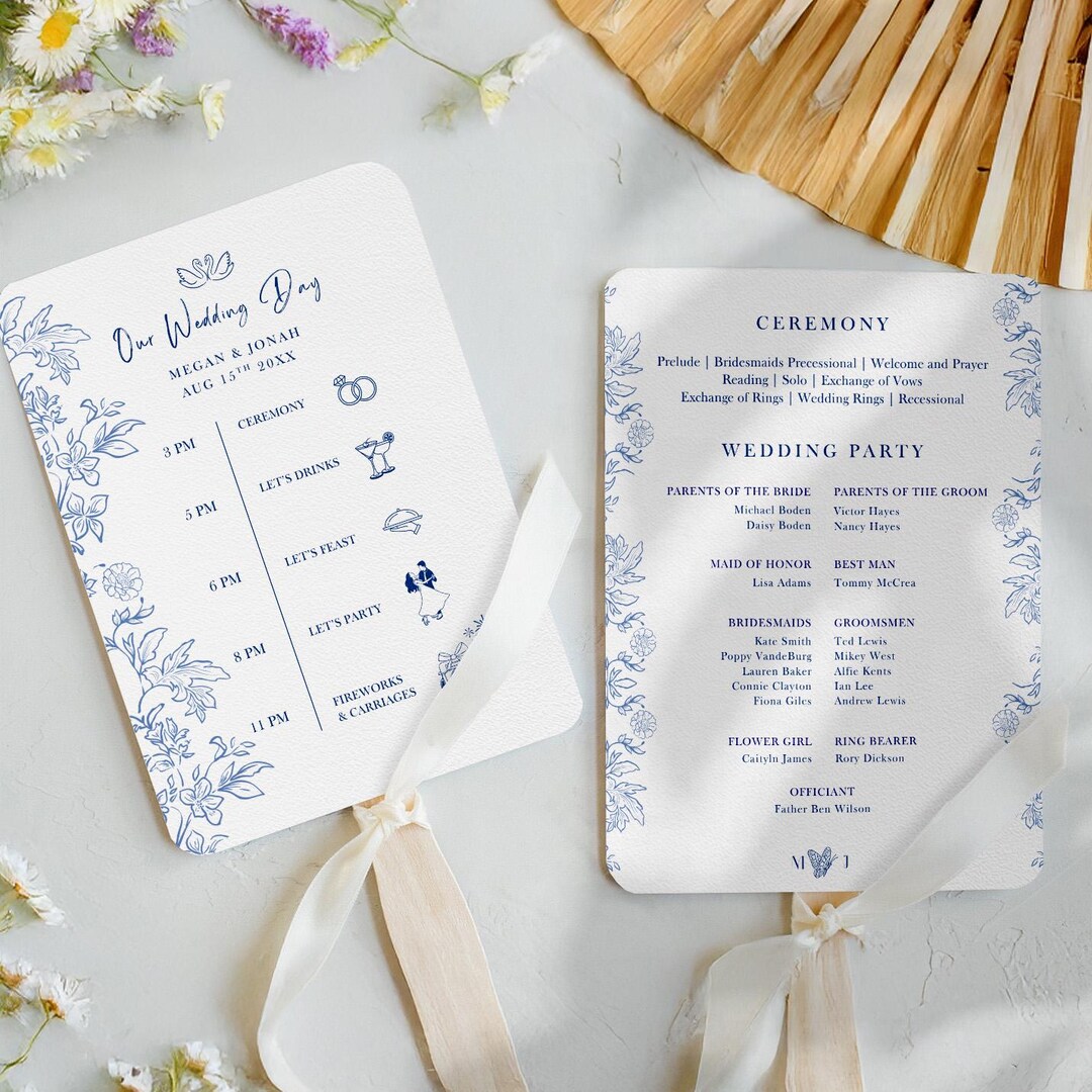 Rustic Dusty Blue Wedding Program Fan, Elegant Floral Summer Wedding ...