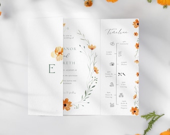 Gatefold Wedding Invitation Template, Orange Wildflowers Design, Canva, Easy to edit, Floral Folded Invitation INSTANT DIGITAL DOWNLOAD
