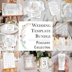 Floral Wedding Template MEGA BUNDLE, Wildflower Design, Gatefold Invite, Food Drinks Menu, RSVP, Table Number, Seating Chart, Program Fans