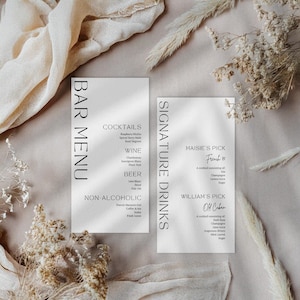 Bar Wedding Menu Signature Drinks Templates, Editable in Canva, Simple Classy Napkin Cards, DIY Customisable, Cocktail Menu DIGITAL DOWNLOAD