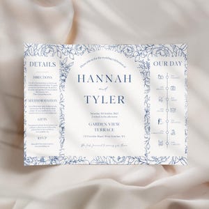 Blau Weiße Klapp Hochzeitseinladung, Elegante Hochzeitseinladung, Digital Canva Printable, Outdoor Rustikal DIY