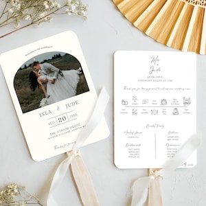 Modern Wedding Fan Programme Template, Minimal Timeline Wedding Photo, Editable in Canva Aesthetic Wedding Program Fans Outdoor Summer | IS2