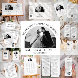 May include: A collection of wedding stationery templates featuring a black and white photo of a couple kissing. The templates include invitations, menus, table cards, and signage. The text includes "Amelia & Oliver" and wedding details.