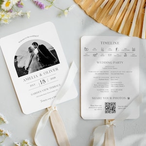 Modèle d'éventails de mariage, minimal modifiable sur Canva, éventail d'itinéraire de programme de mariage, modèle de programme, TÉLÉCHARGEMENT IMMÉDIAT pour ajouter le code QR de votre photo