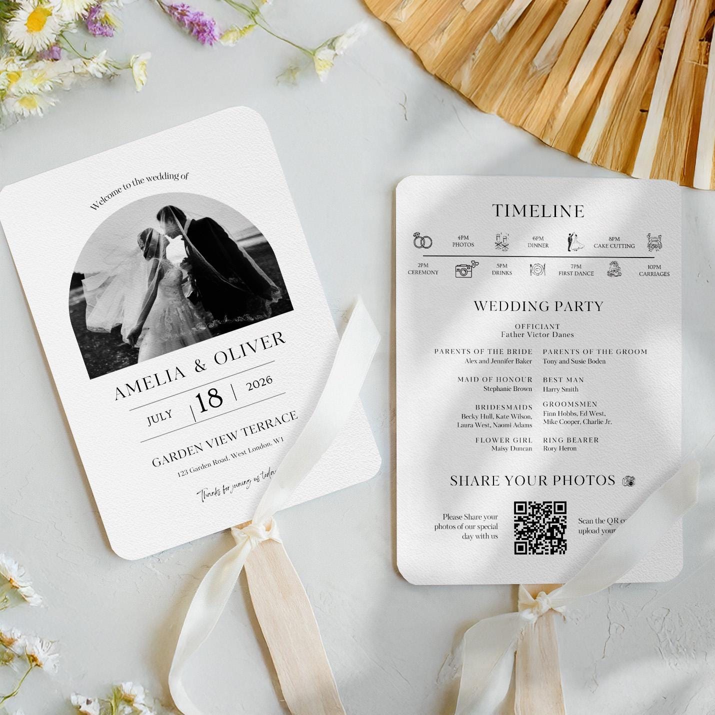 Wedding Fans Template, Minimal Editable in Canva, Wedding Program Itinerary Fan, Programme, Add Your Photo QR Code INSTANT DOWNLOAD | AO35