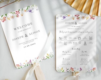 Modern Wedding Program Fans, Editable in Canva, Wedding Timeline Program Fan, Wedding Ceremony Program Template Floral Wedding Invite DIY