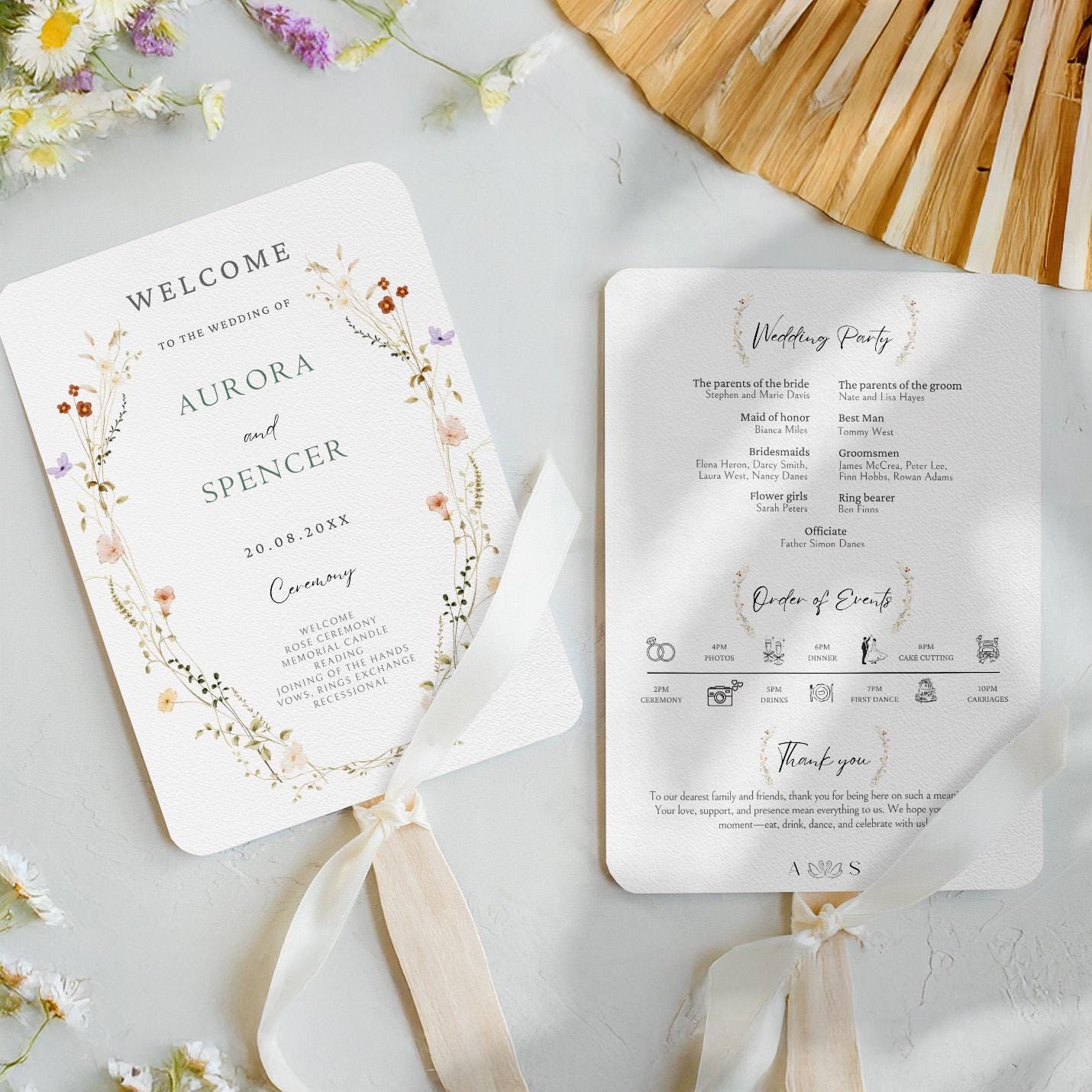 Floral Wreath Wedding Programme Fan, Elegant Wildflower Ceremony Program Fans Template, Printable Editable in Canva Summer Outdoor DIY | AU3