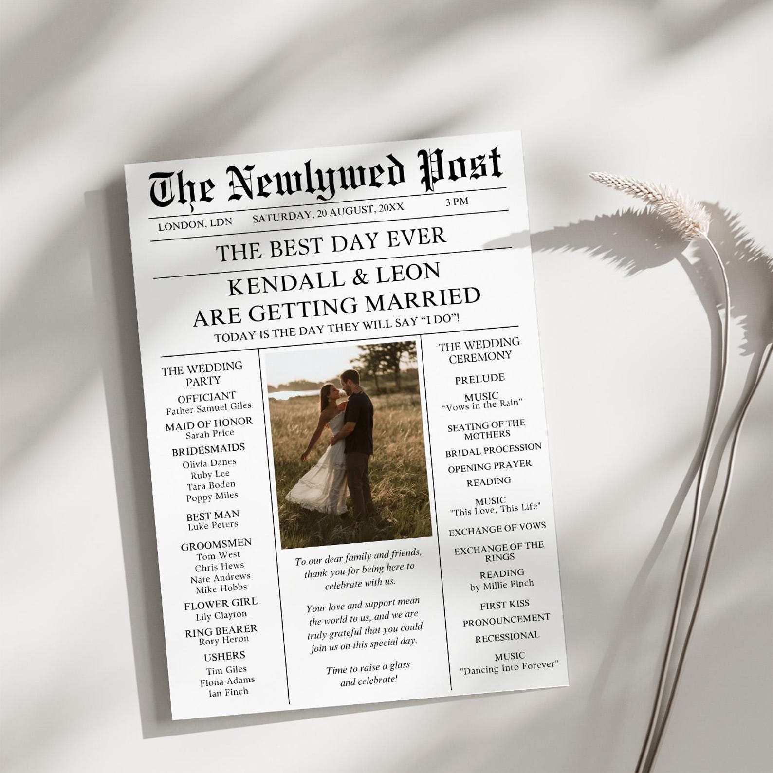 Modern Newspaper Wedding Programme Fan, Printable Wedding Timeline Fans ...