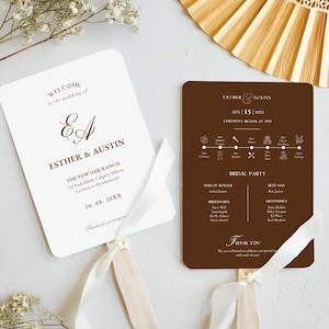 May include: Two wedding fans with rounded edges. One is white with brown text, including the names Esther & Austin, and event details. The other is brown, listing the ceremony timeline and bridal party.