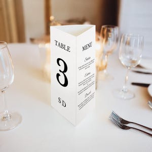 Puede incluir: Un menú de mesa triangular blanco con el número 3 en negrita negra. El menú también incluye las palabras "TABLE", "MENU" y una lista de elementos del menú. La mesa está puesta con copas de vino y cubiertos.