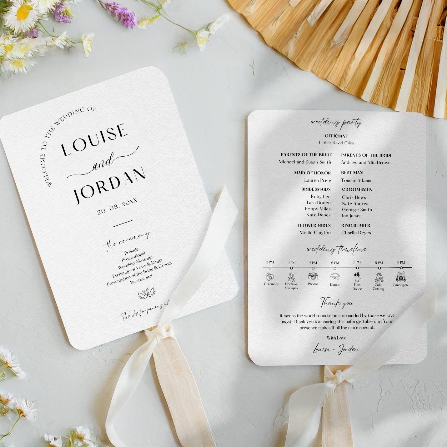 Aesthetic Wedding Program Fans, Modern Ceremony Wedding Timeline Canva ...