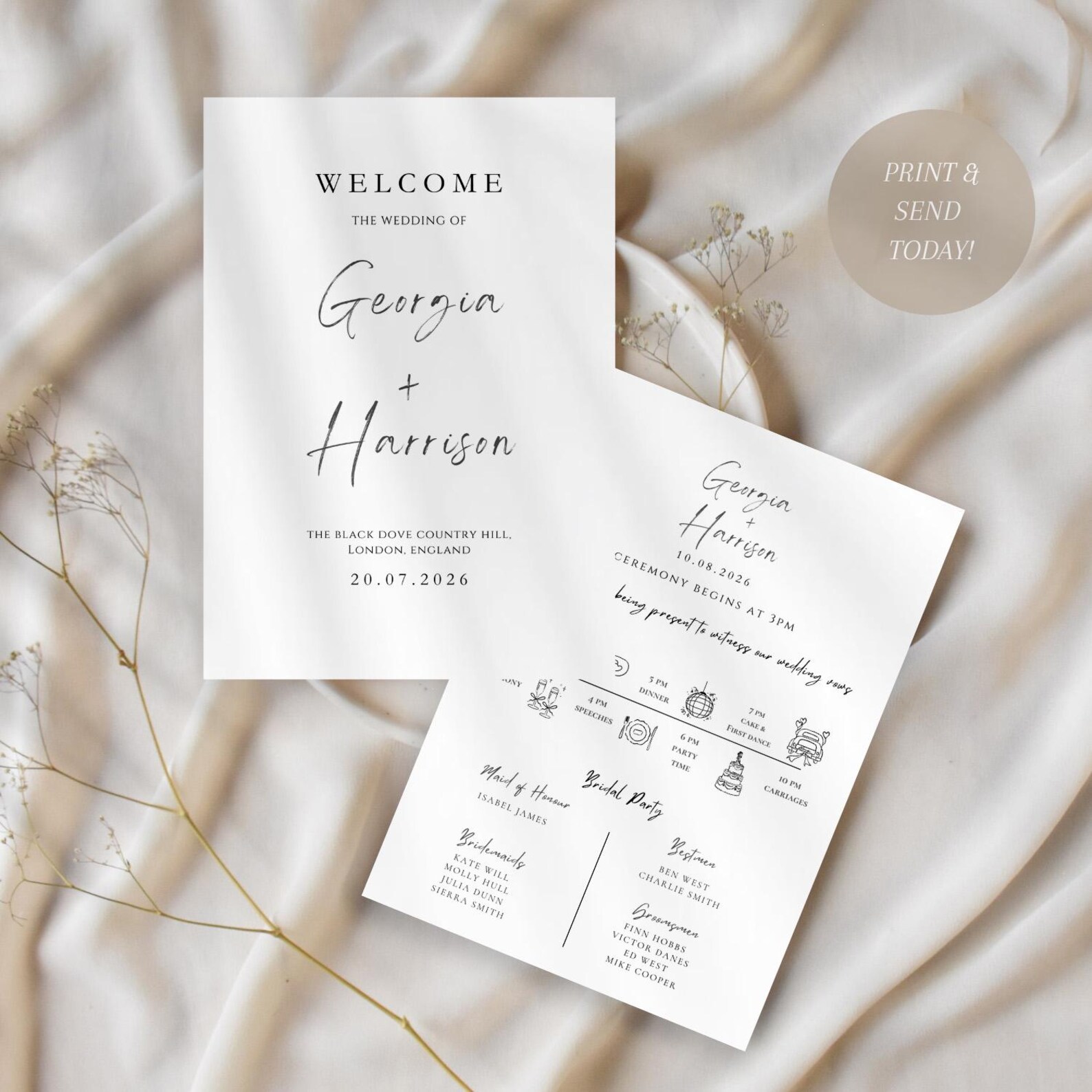 Modern Wedding Program Fans, Editable in Canva, Wedding Timeline ...