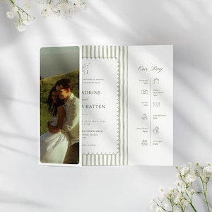 May include: A wedding invitation with a photo of a couple on the left, and text on the right. The invitation is white with green accents and includes the names of the couple, the date, and the time of the ceremony.