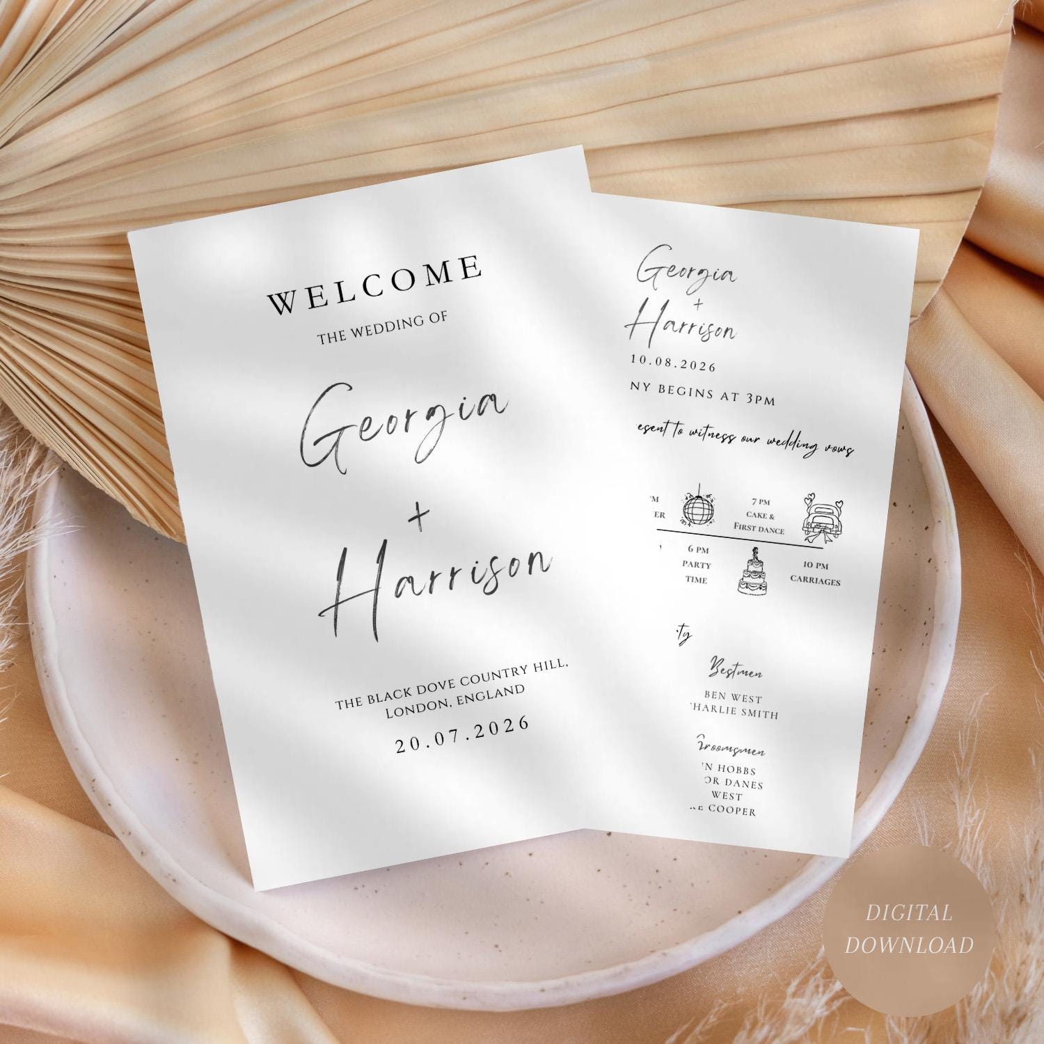 Modern Wedding Program Fans, Editable in Canva, Wedding Timeline ...