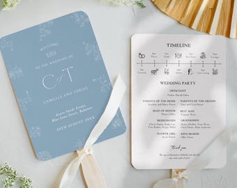 Plantilla de programa de boda con abanicos florales azul empolvado: diseño rústico DIY en Canva, elegantes bodas al aire libre en colores pastel DESCARGA DIGITAL / CA4