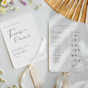 Modern Aesthetic Wedding Program Fans Template, Wedding Timeline Programme Editable in Canva, Minimal Ceremony Hand Fan Outdoor Summer | TR1