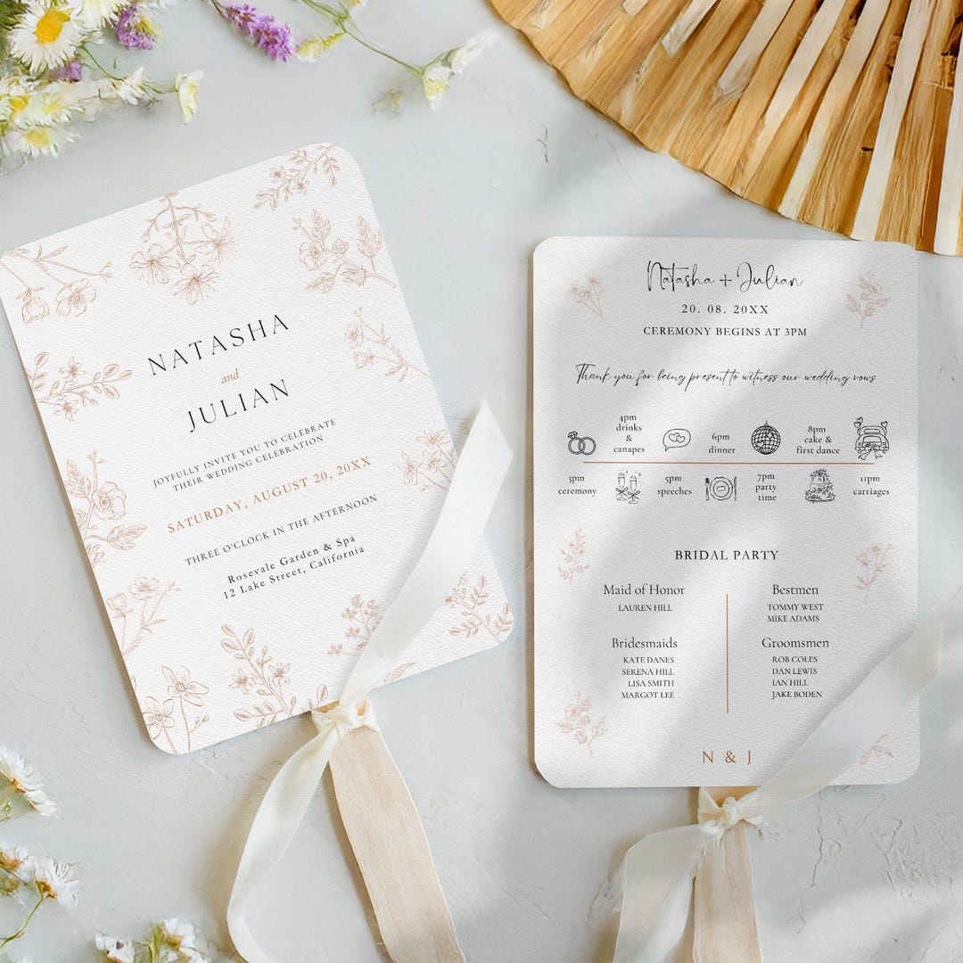 Modern Wildflower Wedding Programme Fan, Floral Outline Wedding Program ...